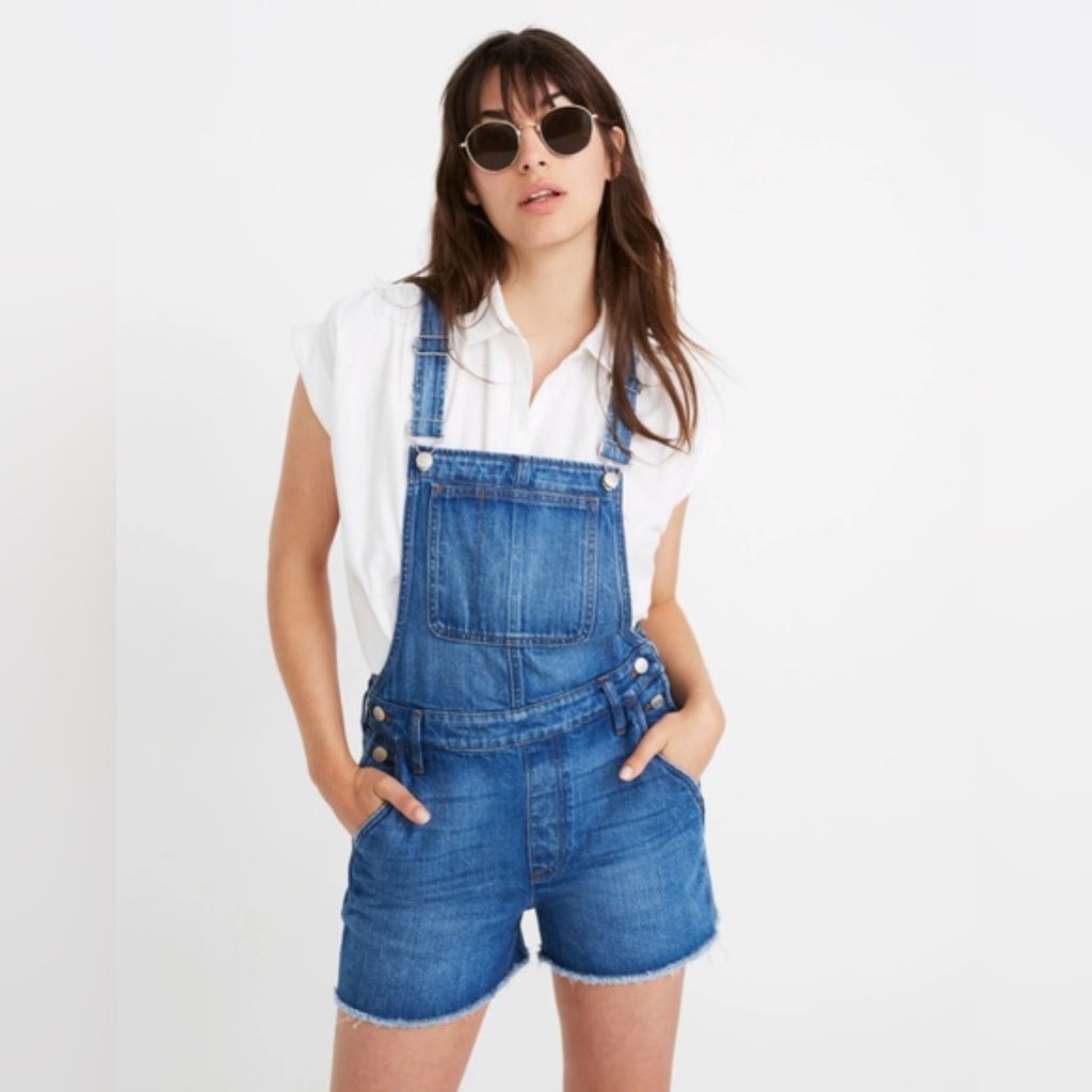 Madewell Adirondack Short Denim Overalls Frayed Hem Size Xxs